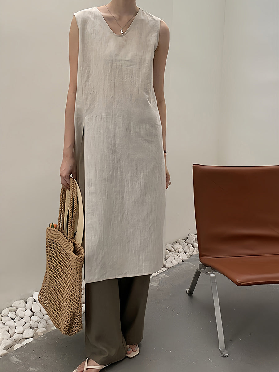 Düz V Yakalı Yelek Yırtmaçlı Midi Elbise