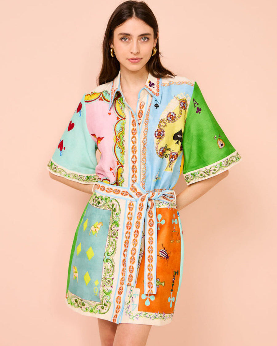 Renkli Poker Baskılı A Kesim Mini Gömlek Elbise