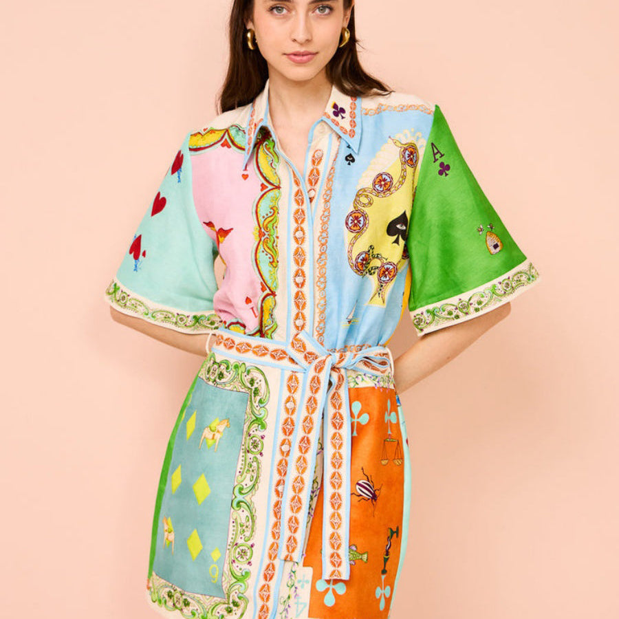 Renkli Poker Baskılı A Kesim Mini Gömlek Elbise