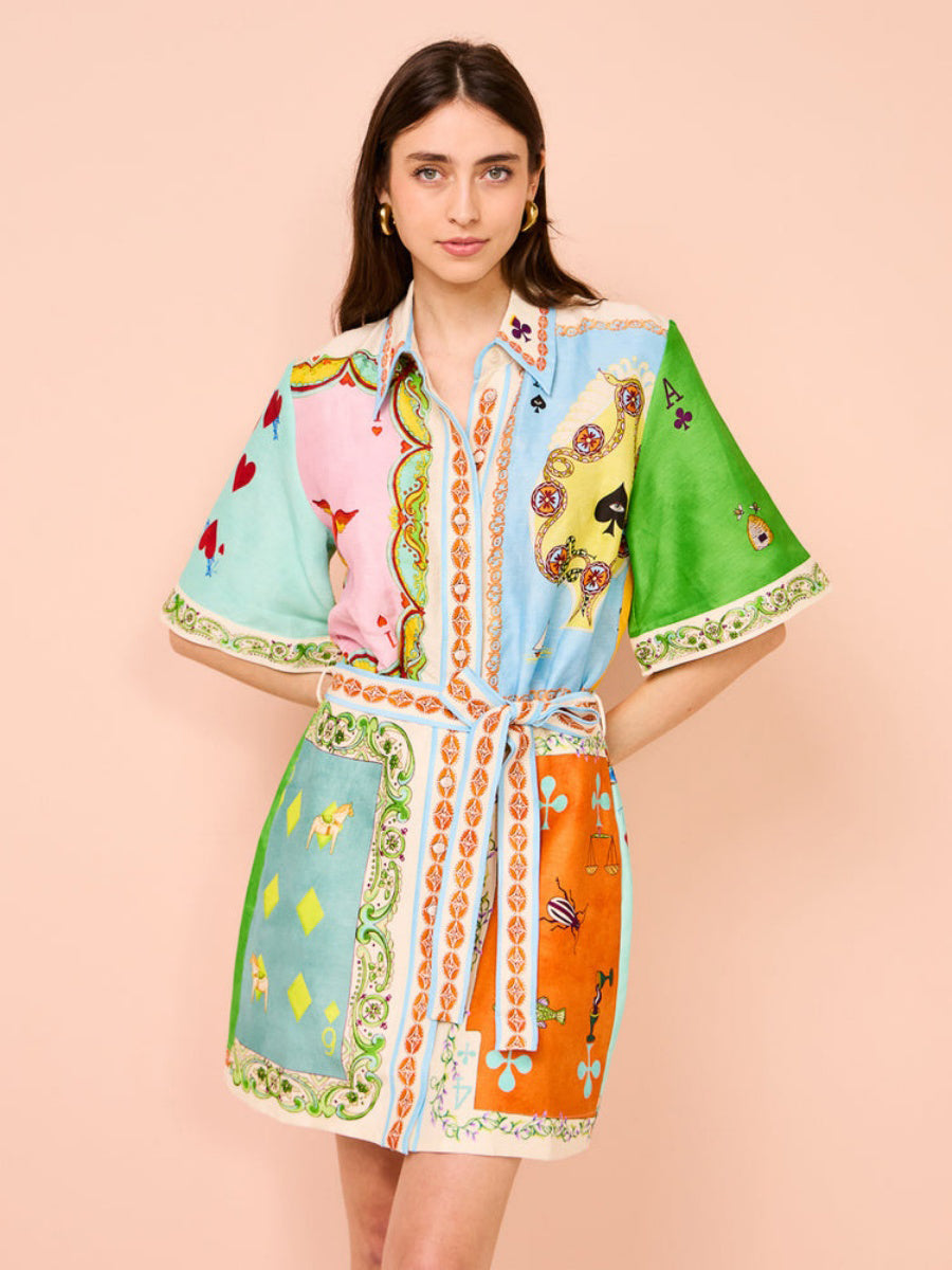 Renkli Poker Baskılı A Kesim Mini Gömlek Elbise