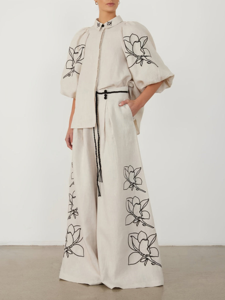 Floral Nakışlı Geniş Paça