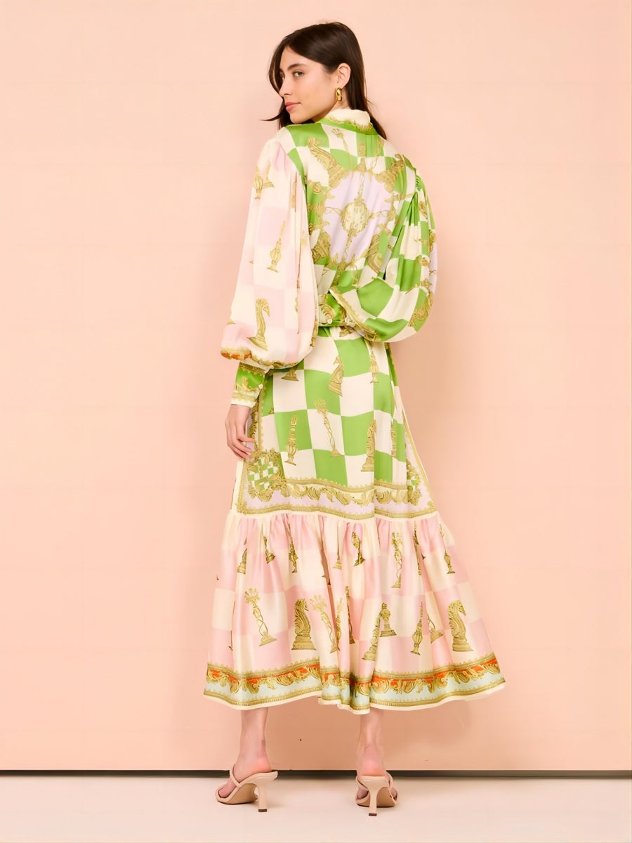 Fener Kollu Graffiti Baskılı Bağcıklı Midi Elbise