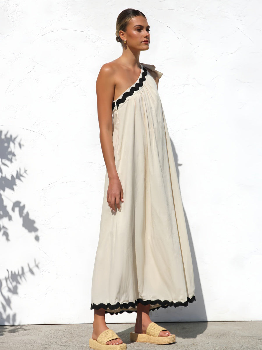 Tek Omuzlu Kontrast Etek Tatil Elbisesi