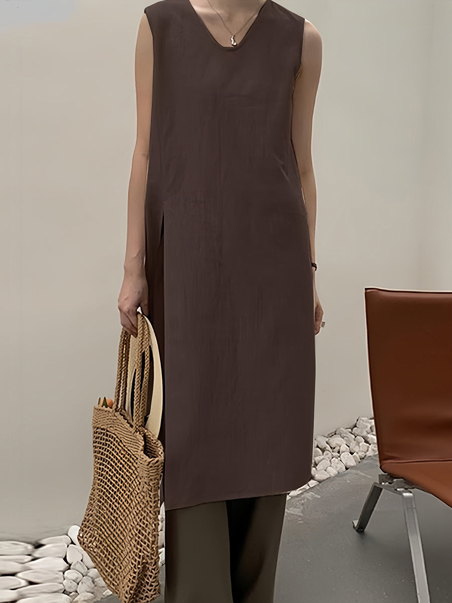 Düz V Yakalı Yelek Yırtmaçlı Midi Elbise