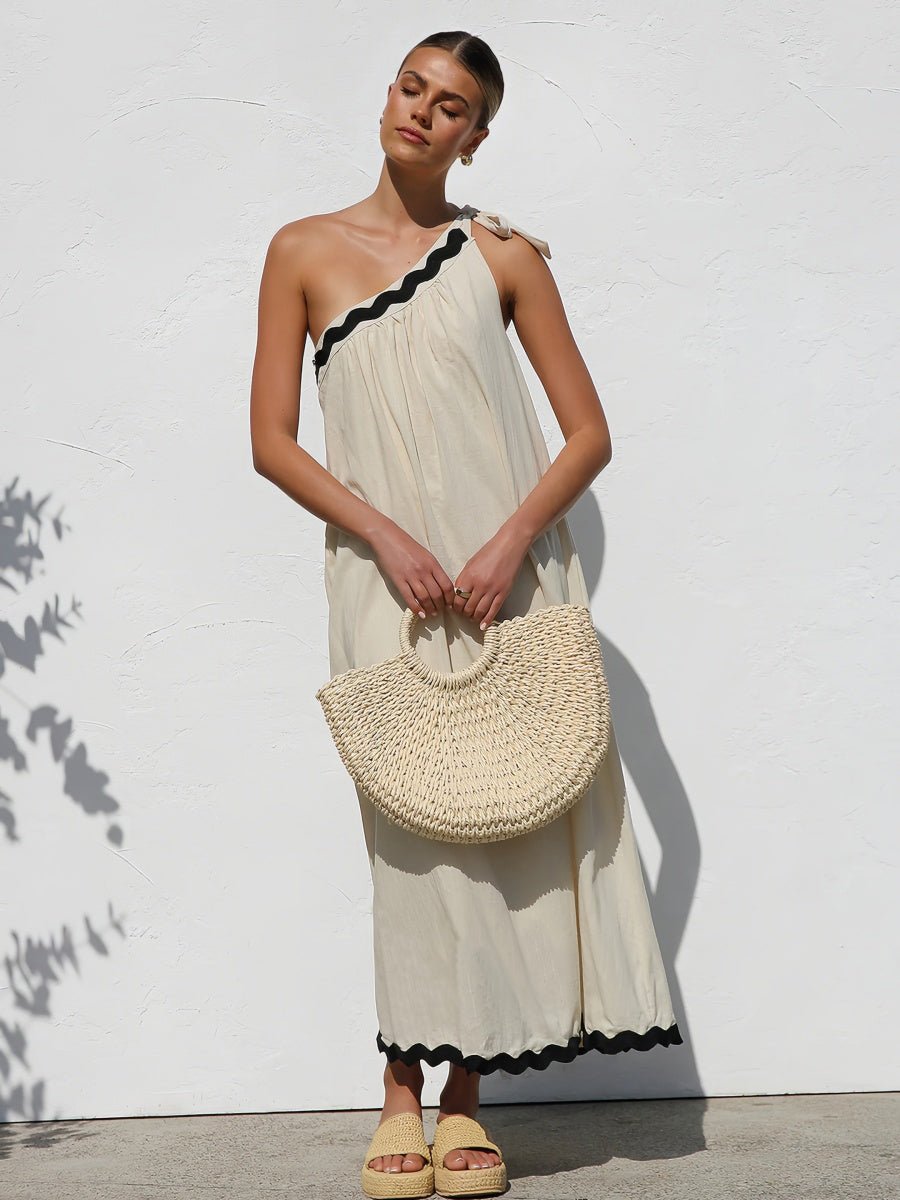 Tek Omuzlu Kontrast Etek Tatil Elbisesi