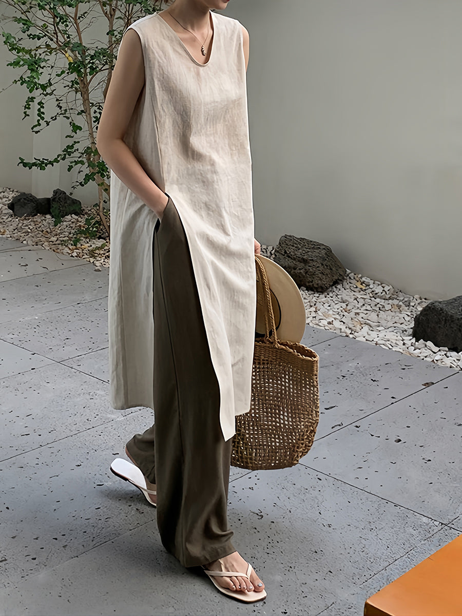 Düz V Yakalı Yelek Yırtmaçlı Midi Elbise