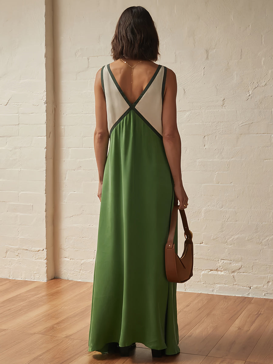 Renk Bloklu Kolsuz Sırtı Açık Uzun Elbise