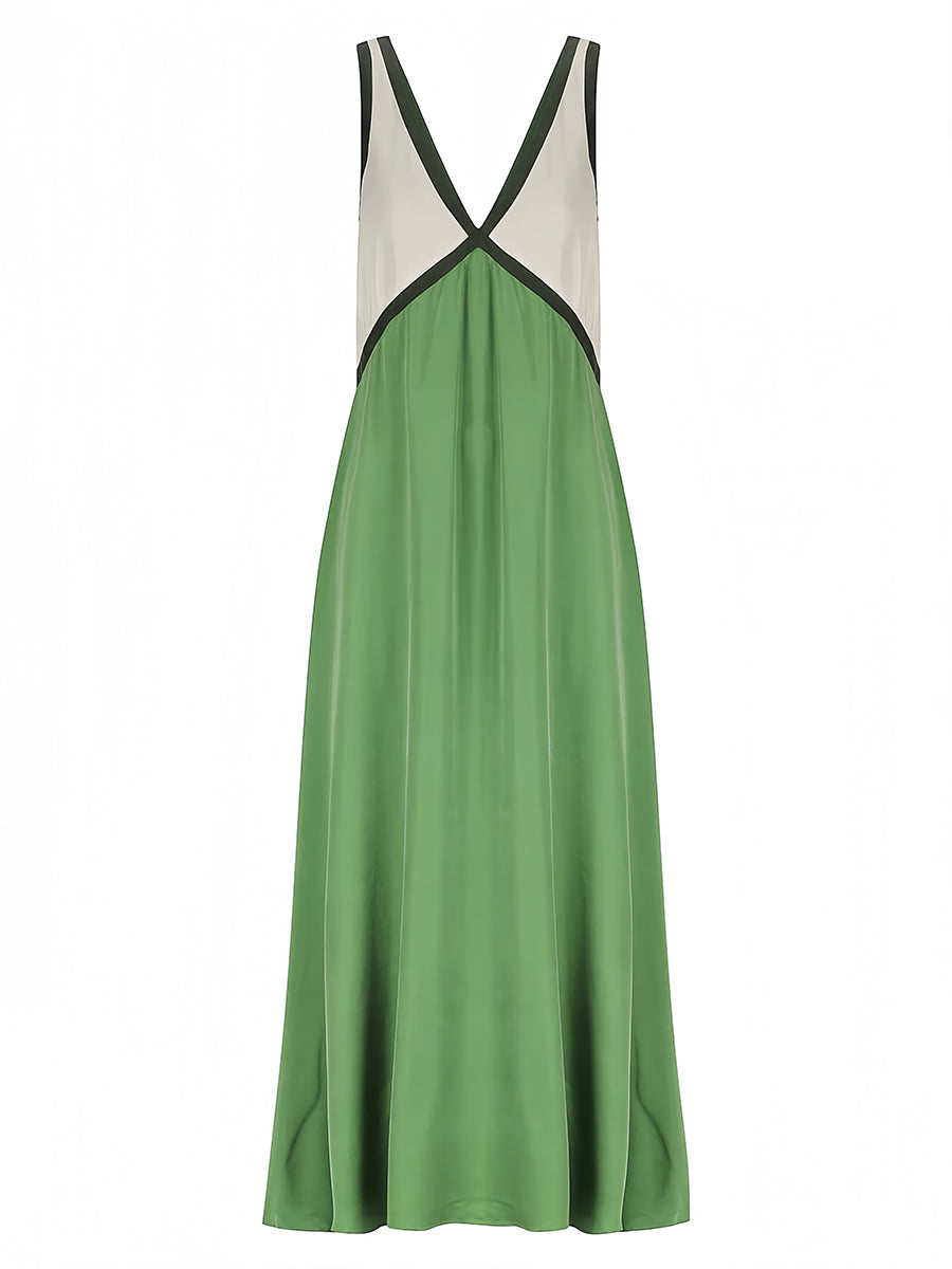 Renk Bloklu Kolsuz Sırtı Açık Uzun Elbise