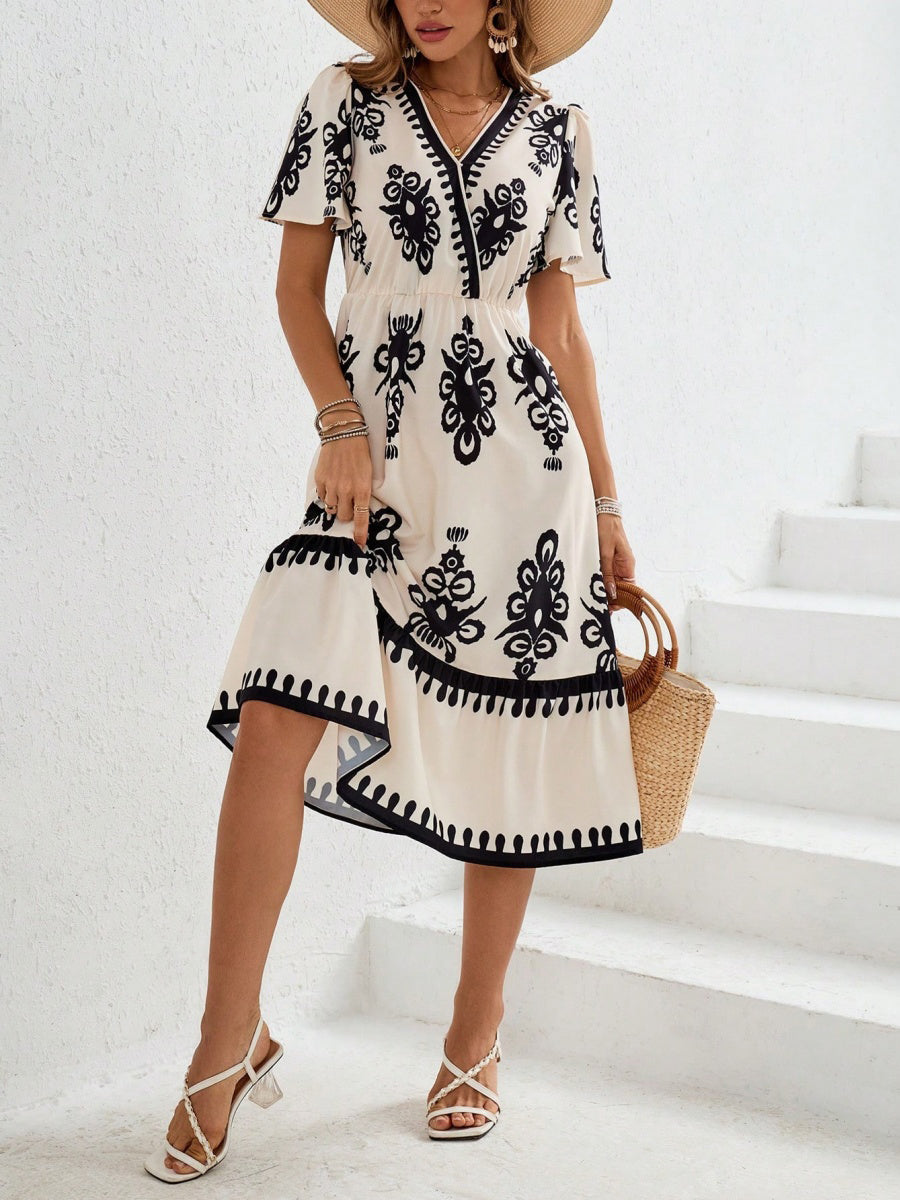 Vintage Baskılı V Yaka Midi Elbise