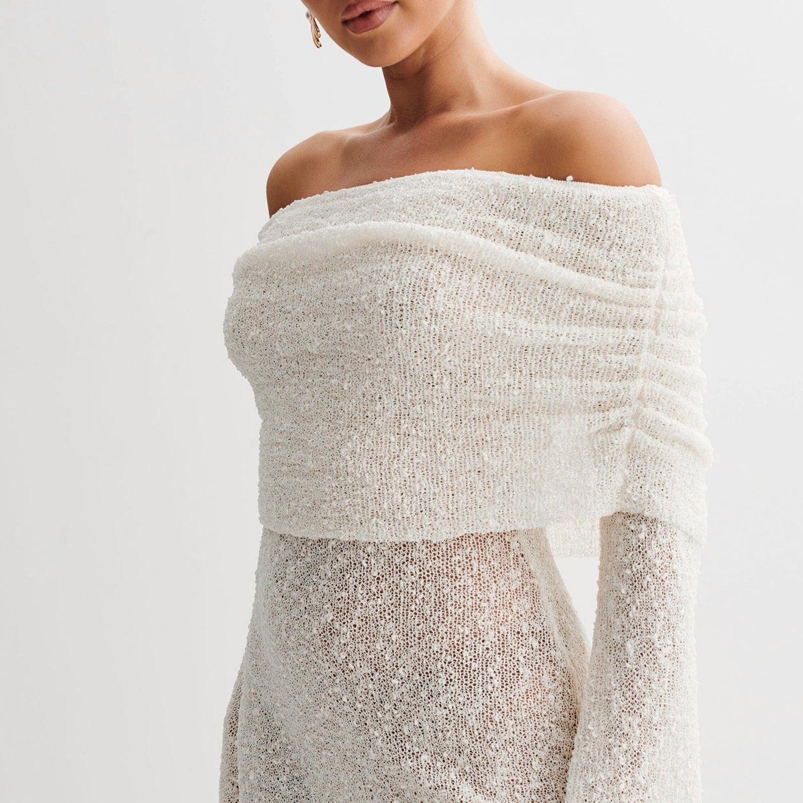 Omuz Açık Fildişi Bukle Örgü Mini Elbise