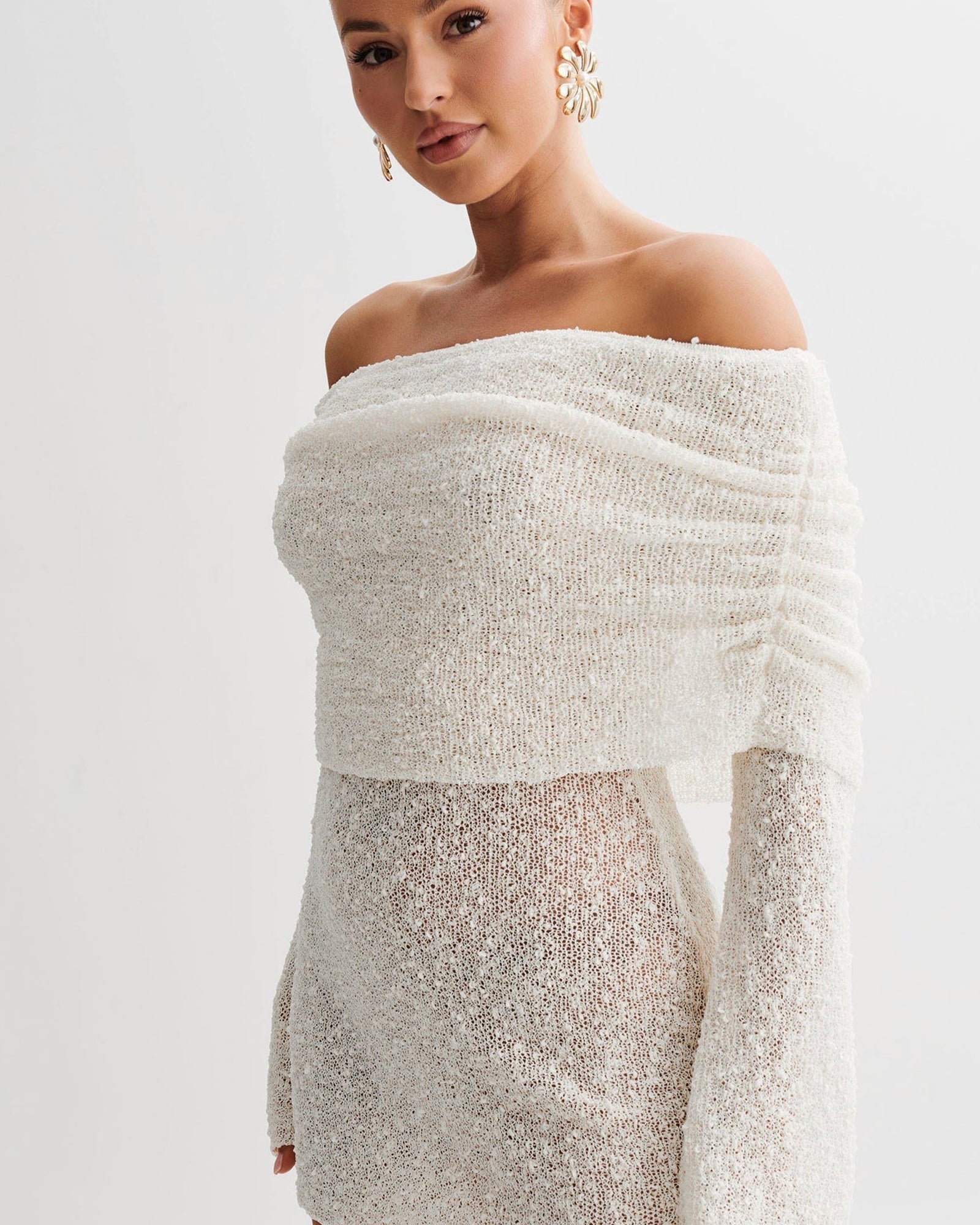 Omuz Açık Fildişi Bukle Örgü Mini Elbise