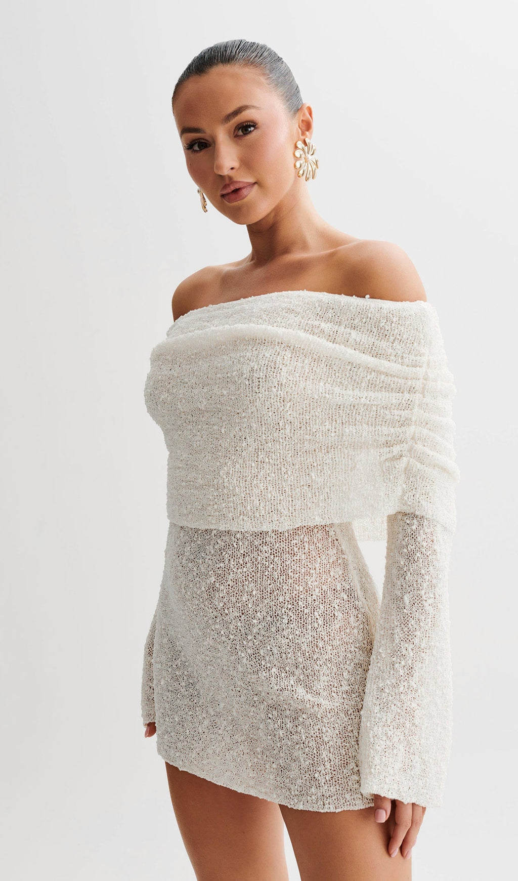 Omuz Açık Fildişi Bukle Örgü Mini Elbise