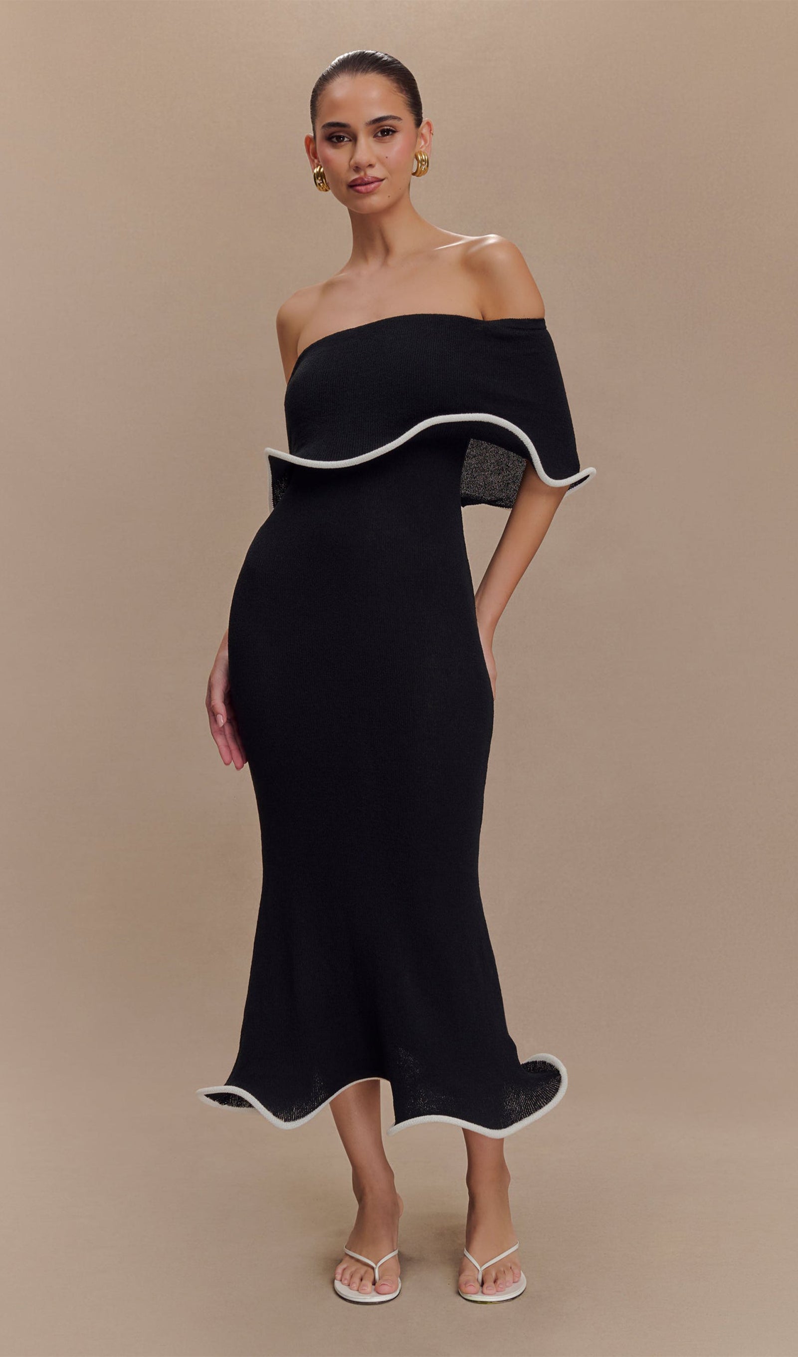 Omuz Açık Örgü Midi Elbise