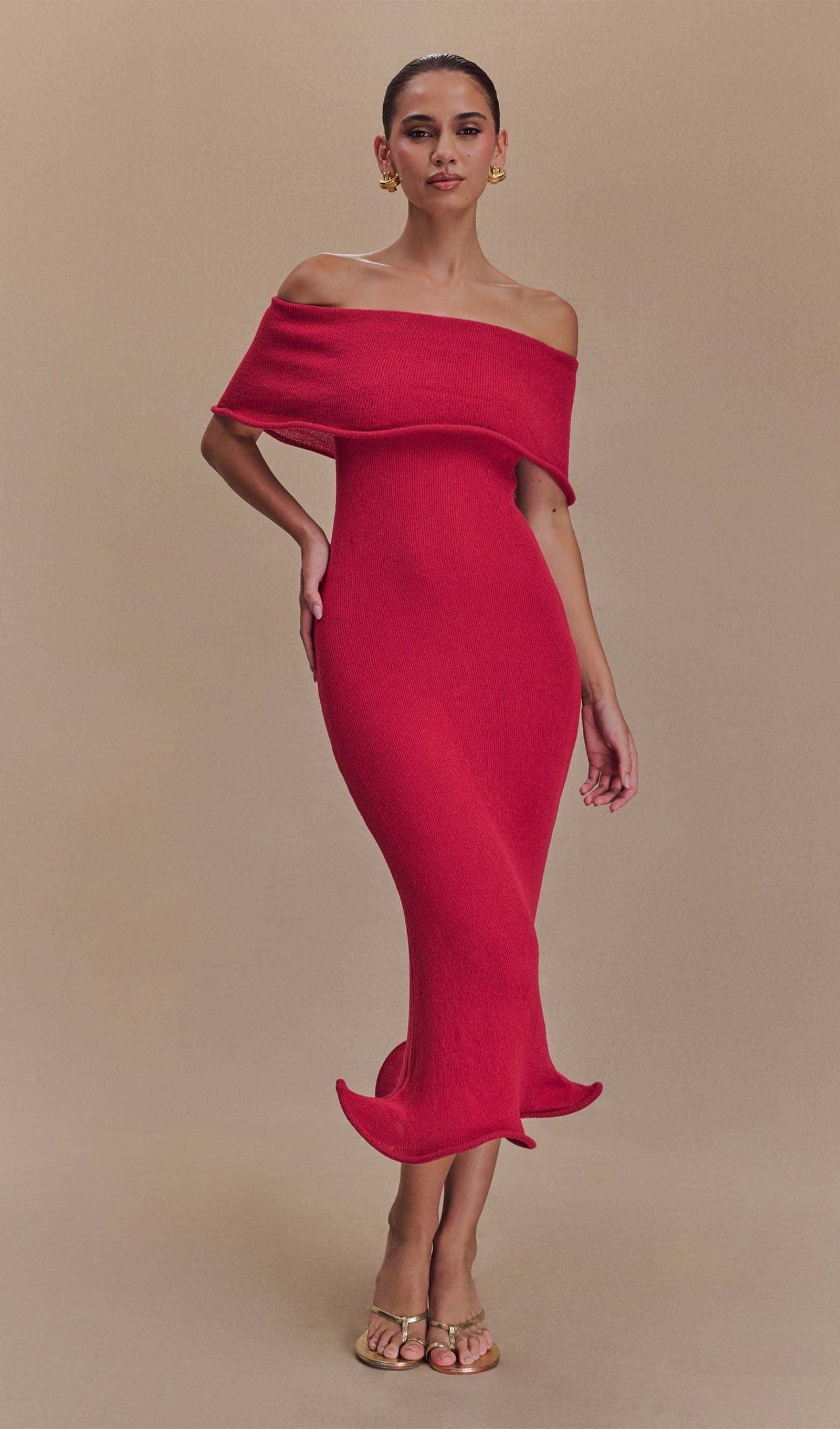 Omuz Açık Örgü Midi Elbise