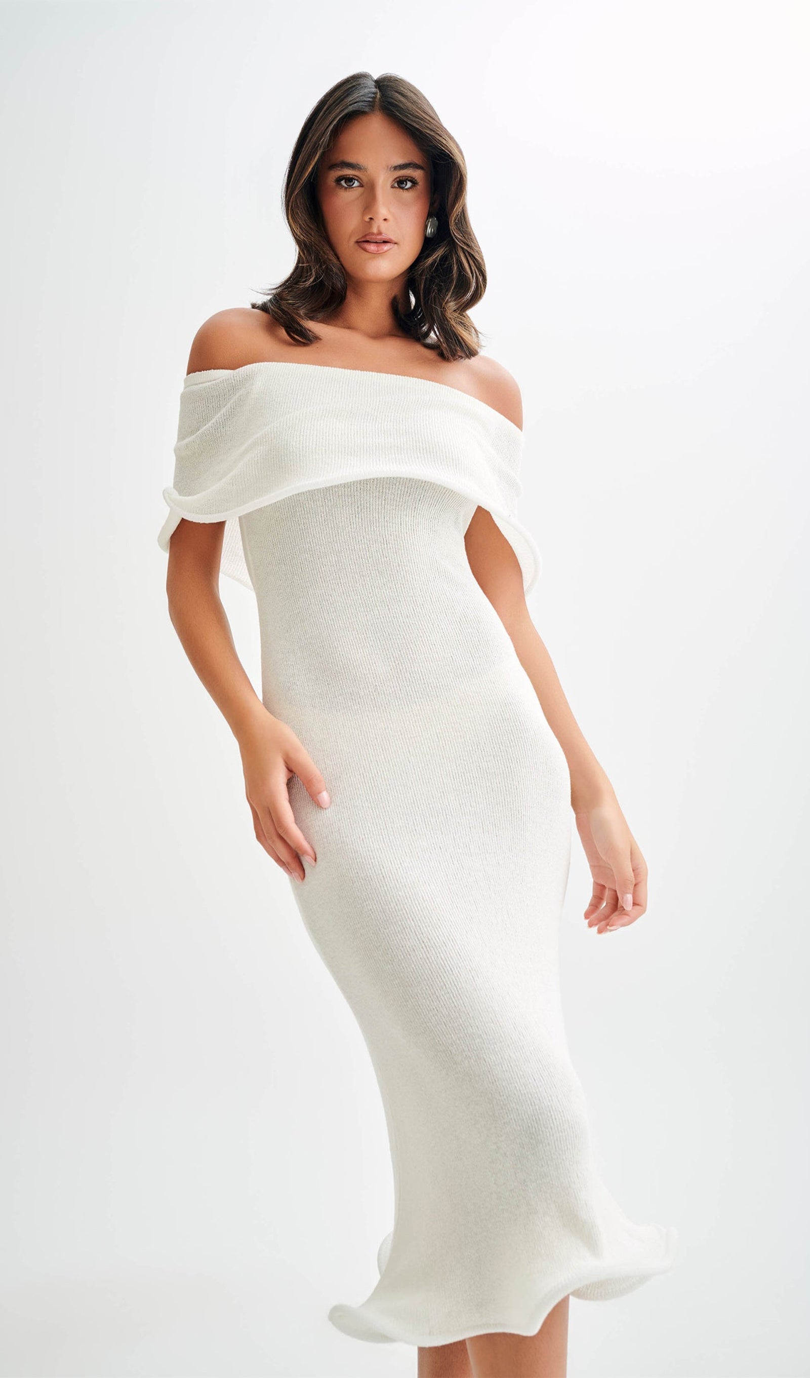 Omuz Açık Örgü Midi Elbise