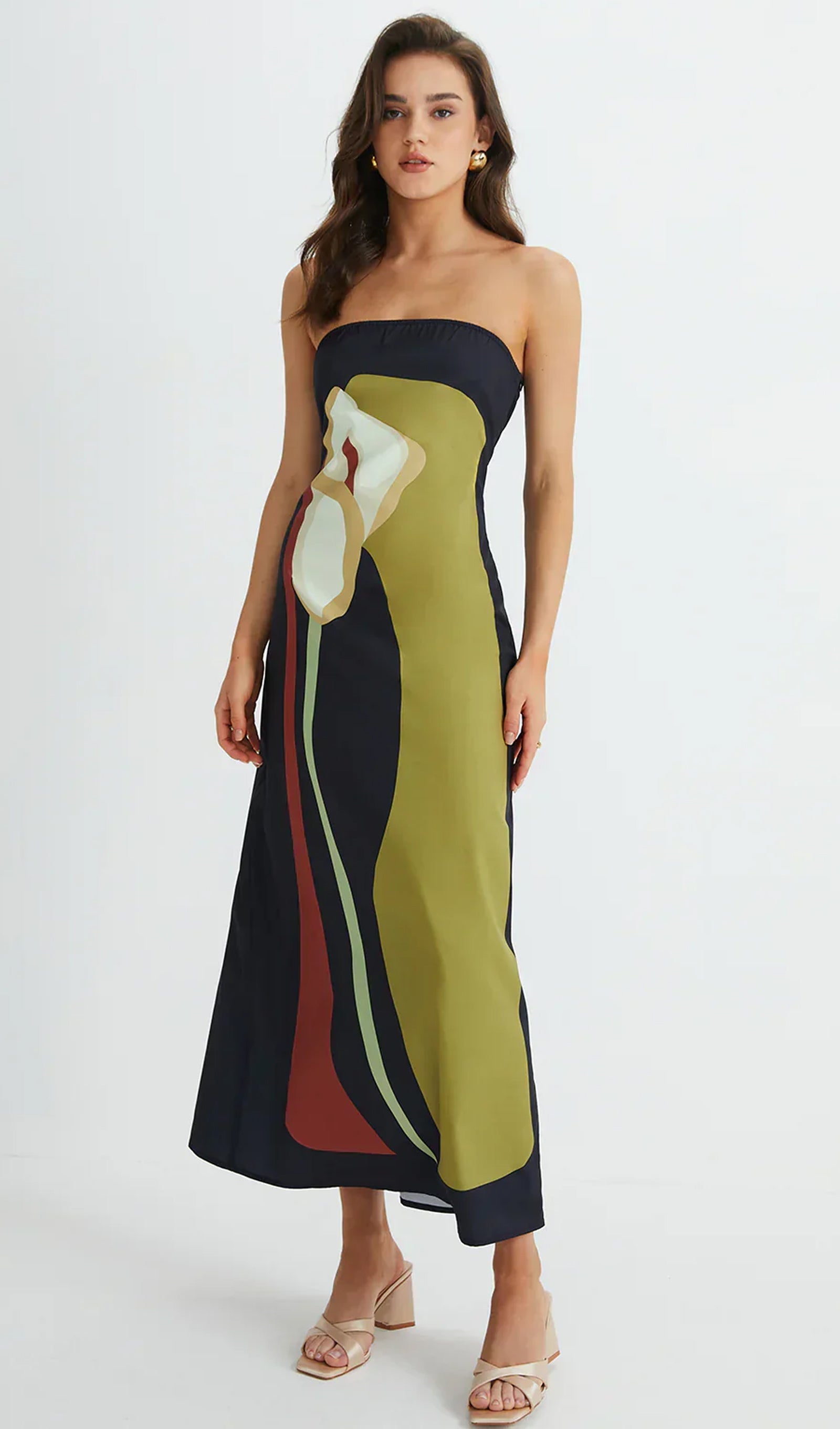 Omuz Açık Baskılı Yeşil Yaz Midi Elbise