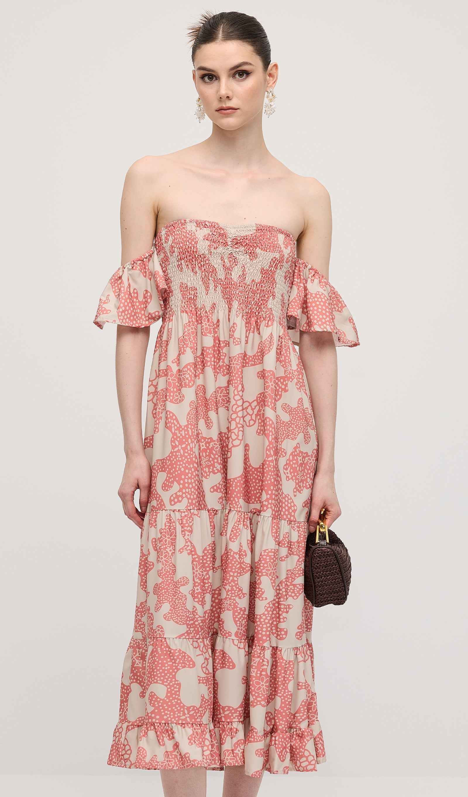 Omuz Açık Fırfırlı Baskılı Midi Elbise