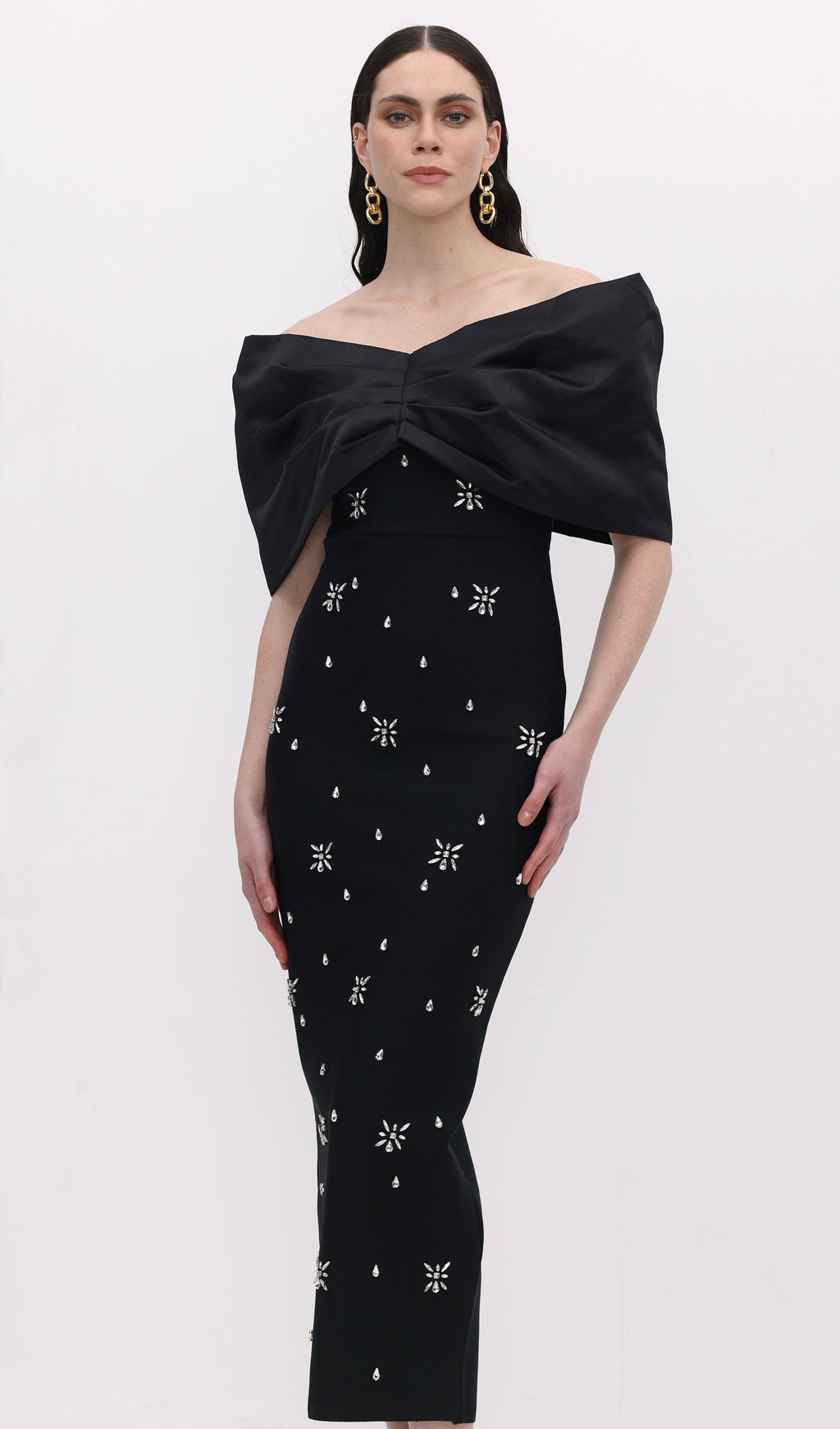 Omuz Açık Elmas Midi Elbise