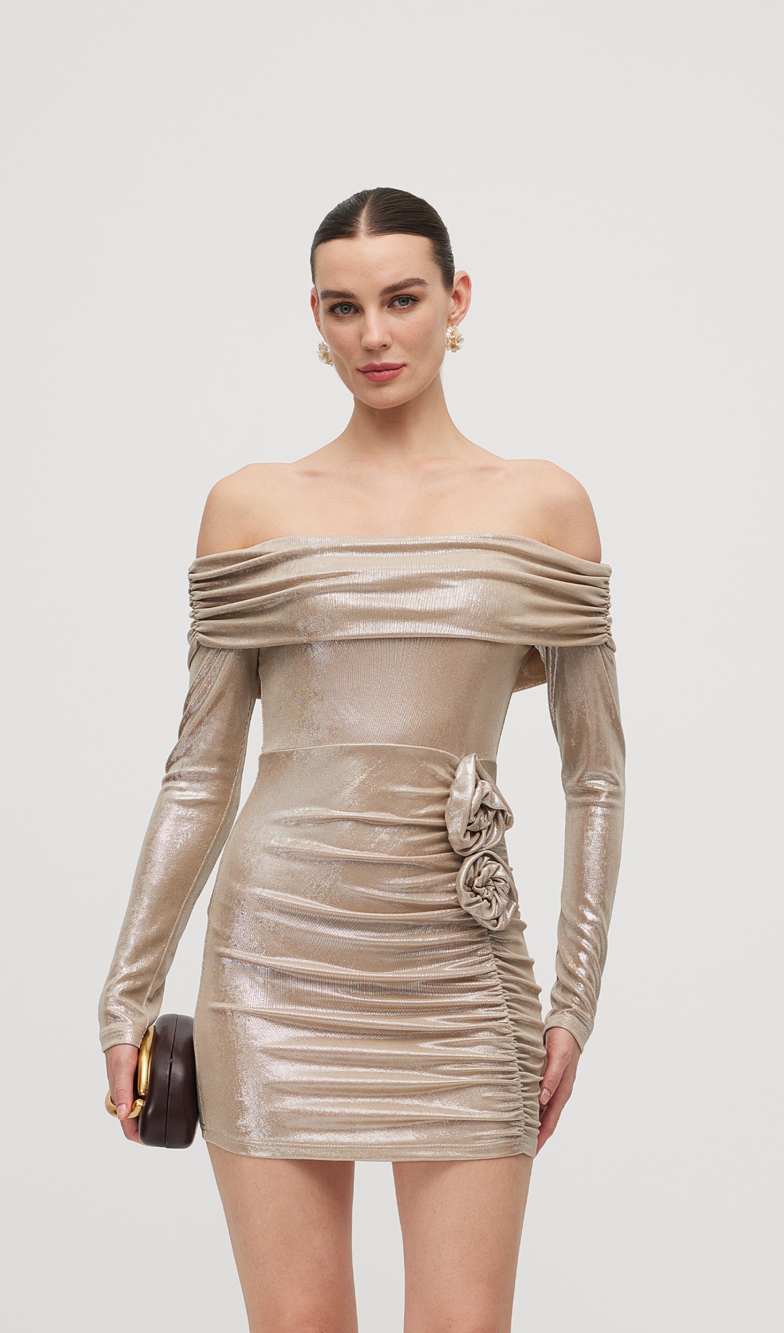 Omuz Açık Uzun Kollu Mini Elbise