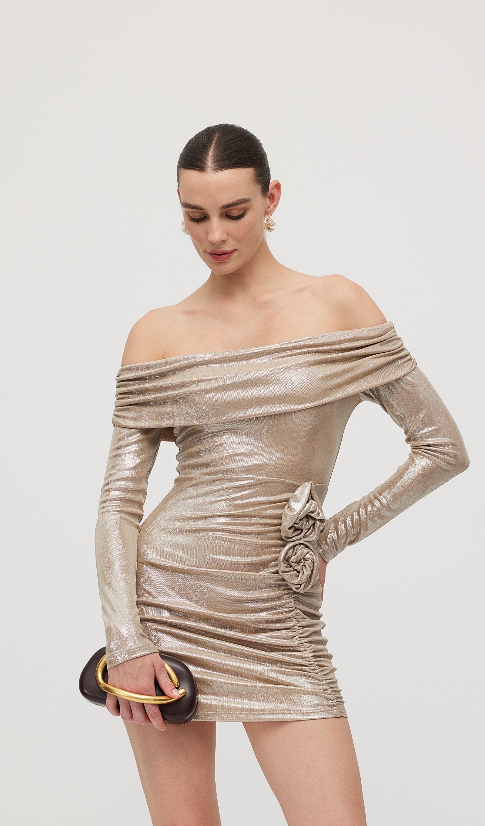 Omuz Açık Uzun Kollu Mini Elbise