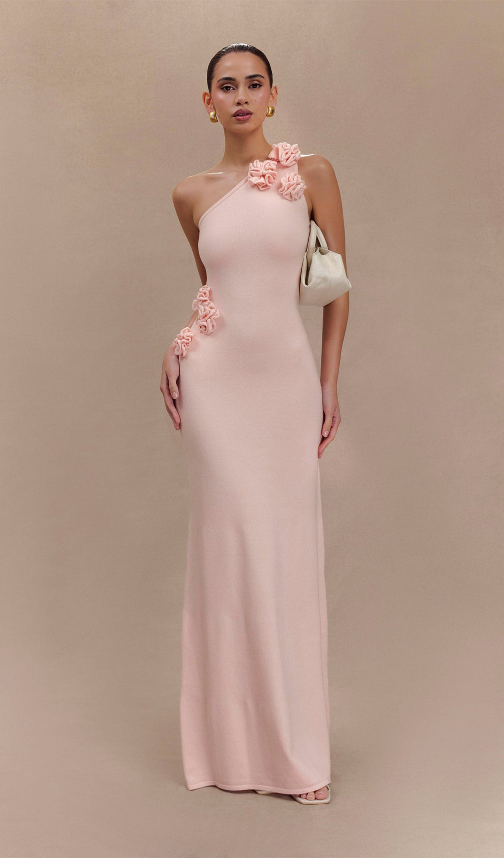 Tek Omuzlu Çiçekli Örme Uzun Elbise