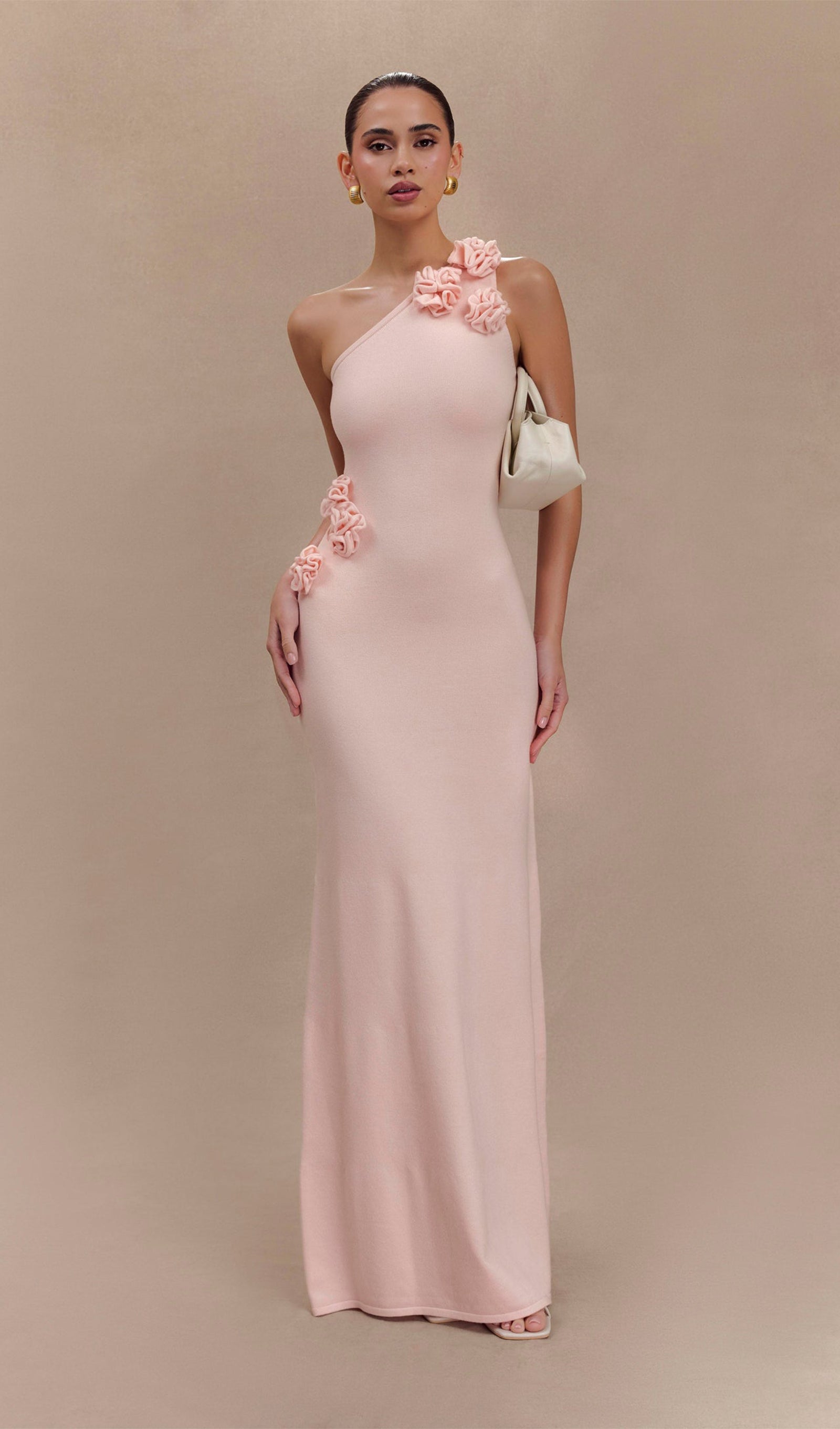 Tek Omuzlu Çiçekli Örme Uzun Elbise