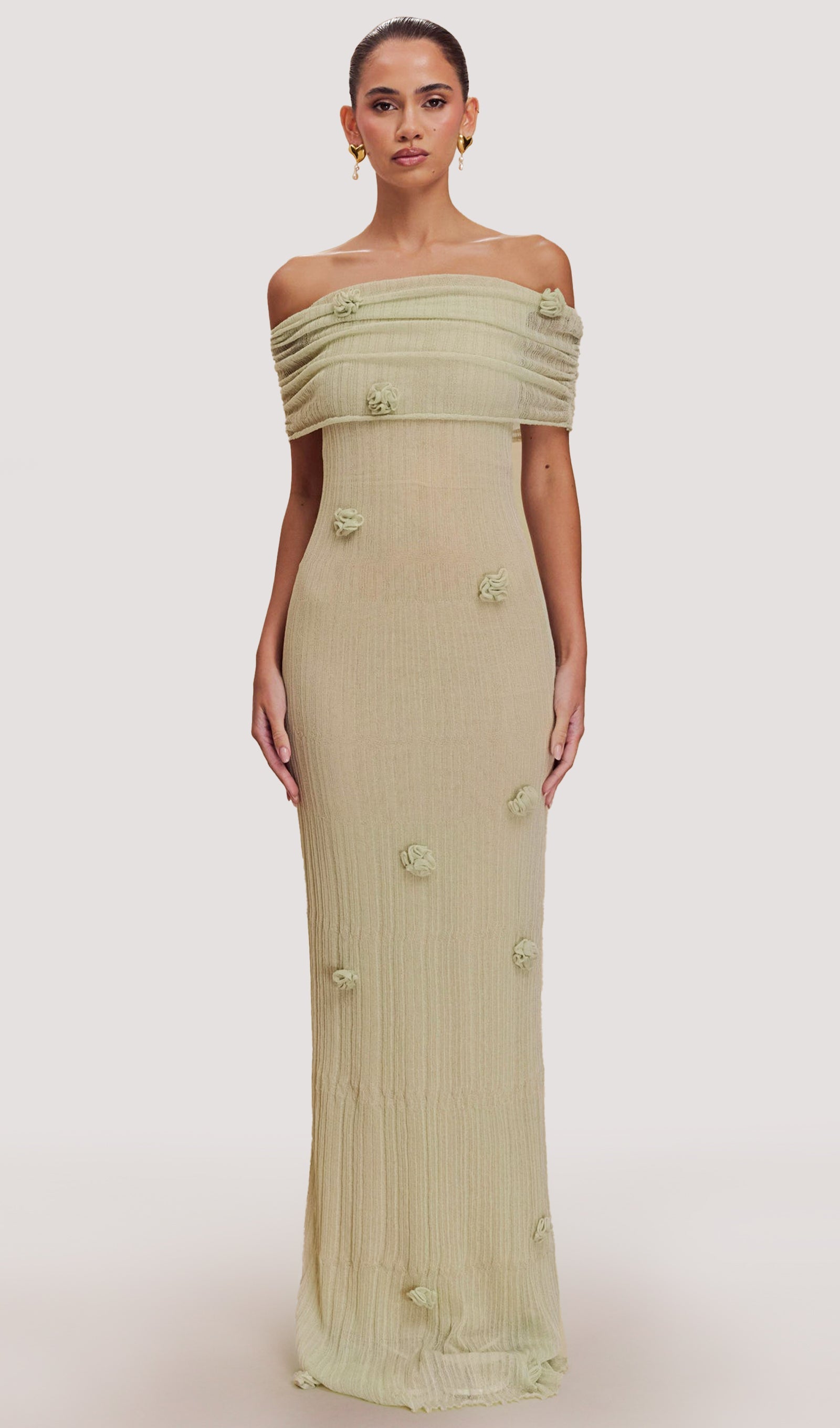 Pastel Yeşil Orkide Örgü Uzun Elbise