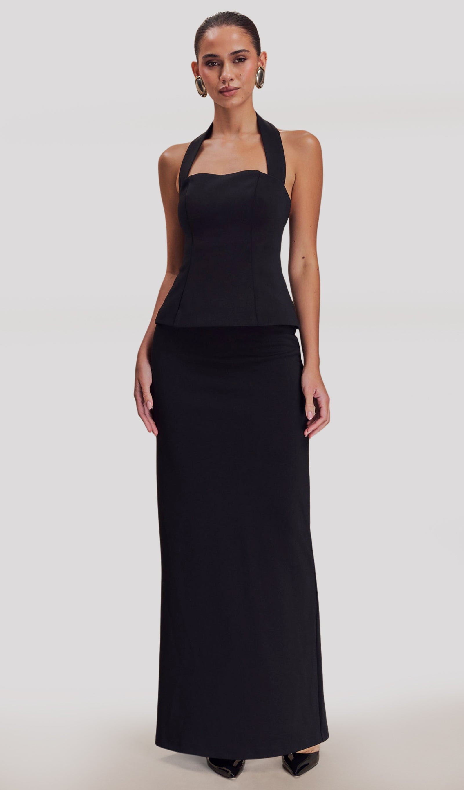 Siyah Peplum Halter Uzun Elbise