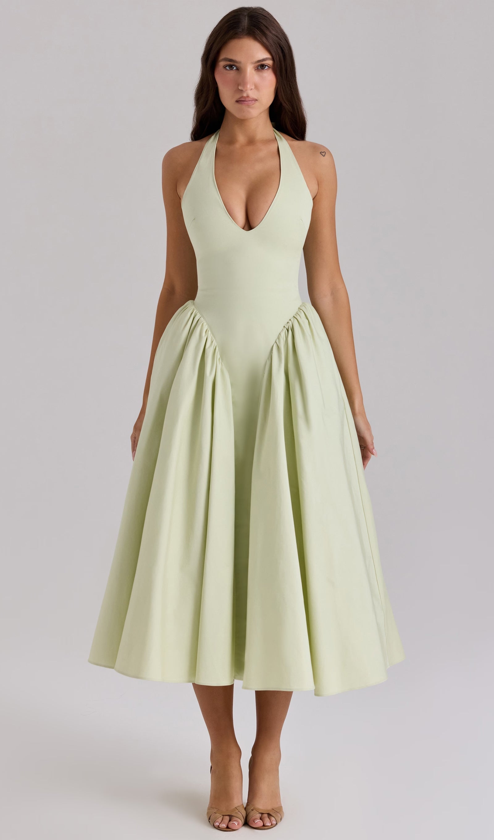 Fıstık Yeşili Pamuklu Askılı Midi Elbise