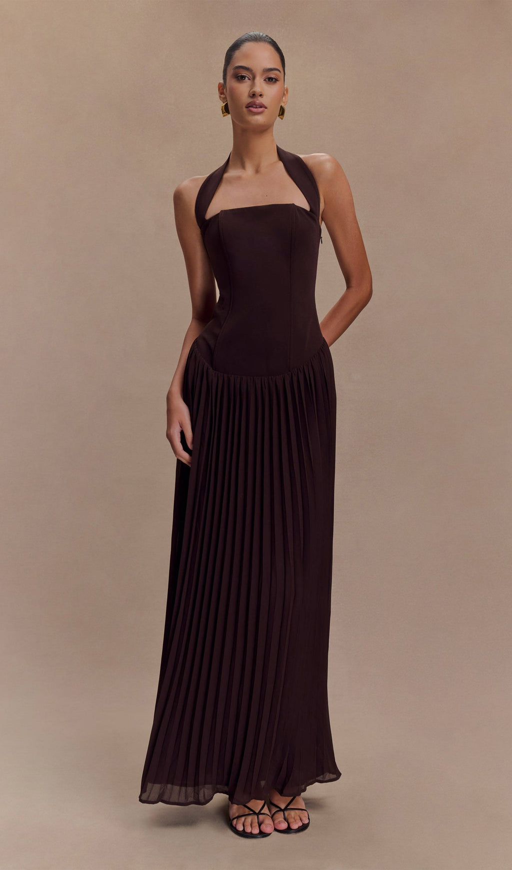 Pileli Askılı Uzun Elbise