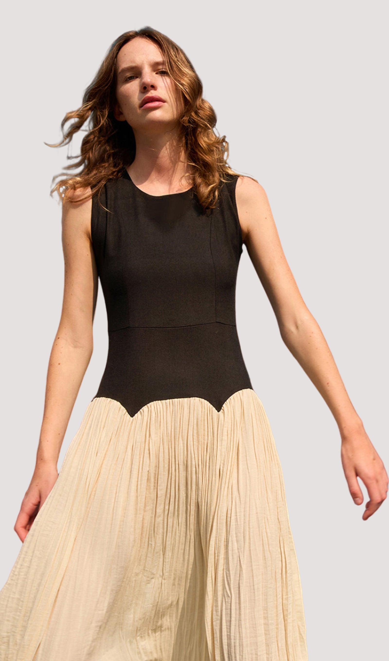 Pileli Keten Midi Elbise