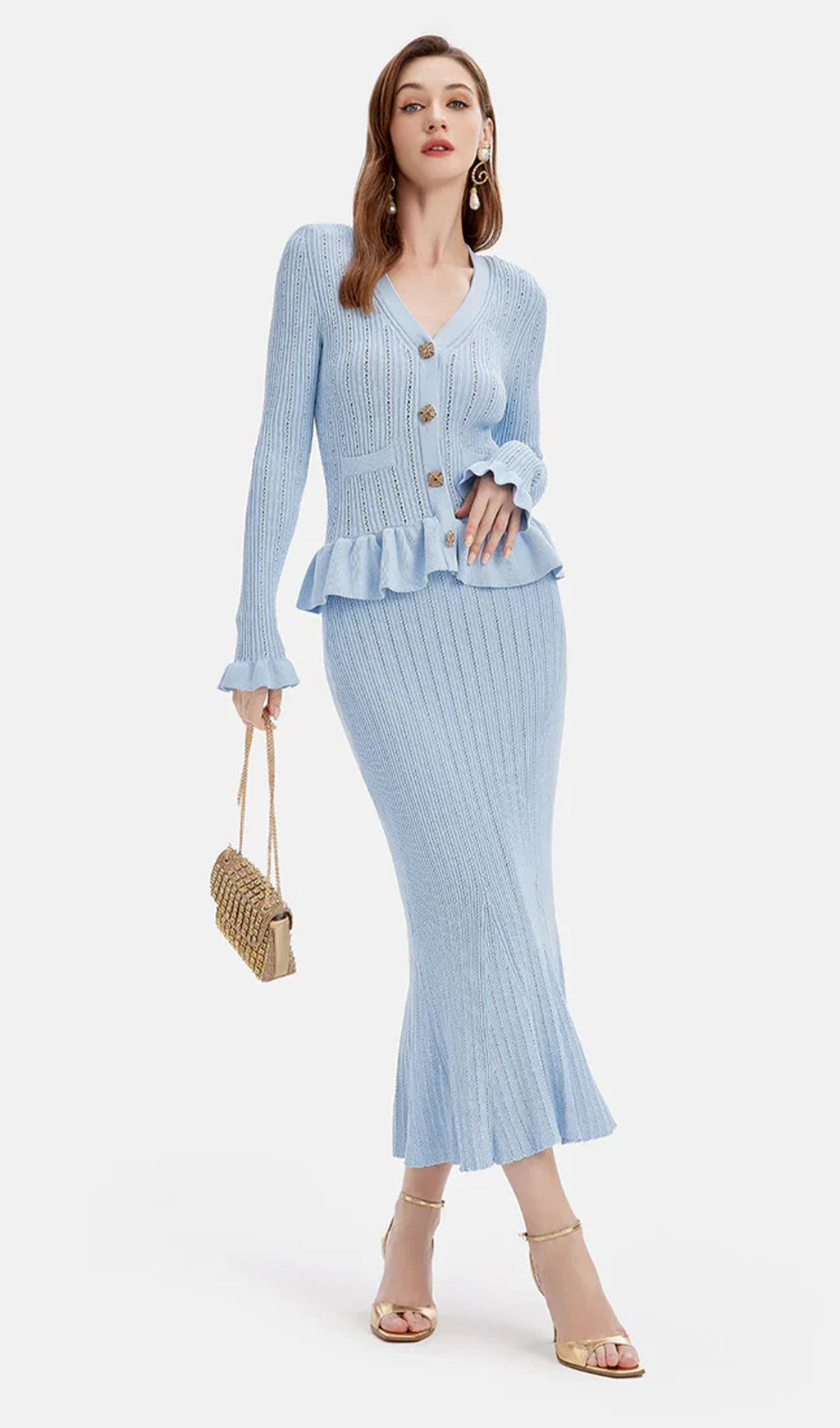 Fırfırlı Kloş Örgü Midi Elbise