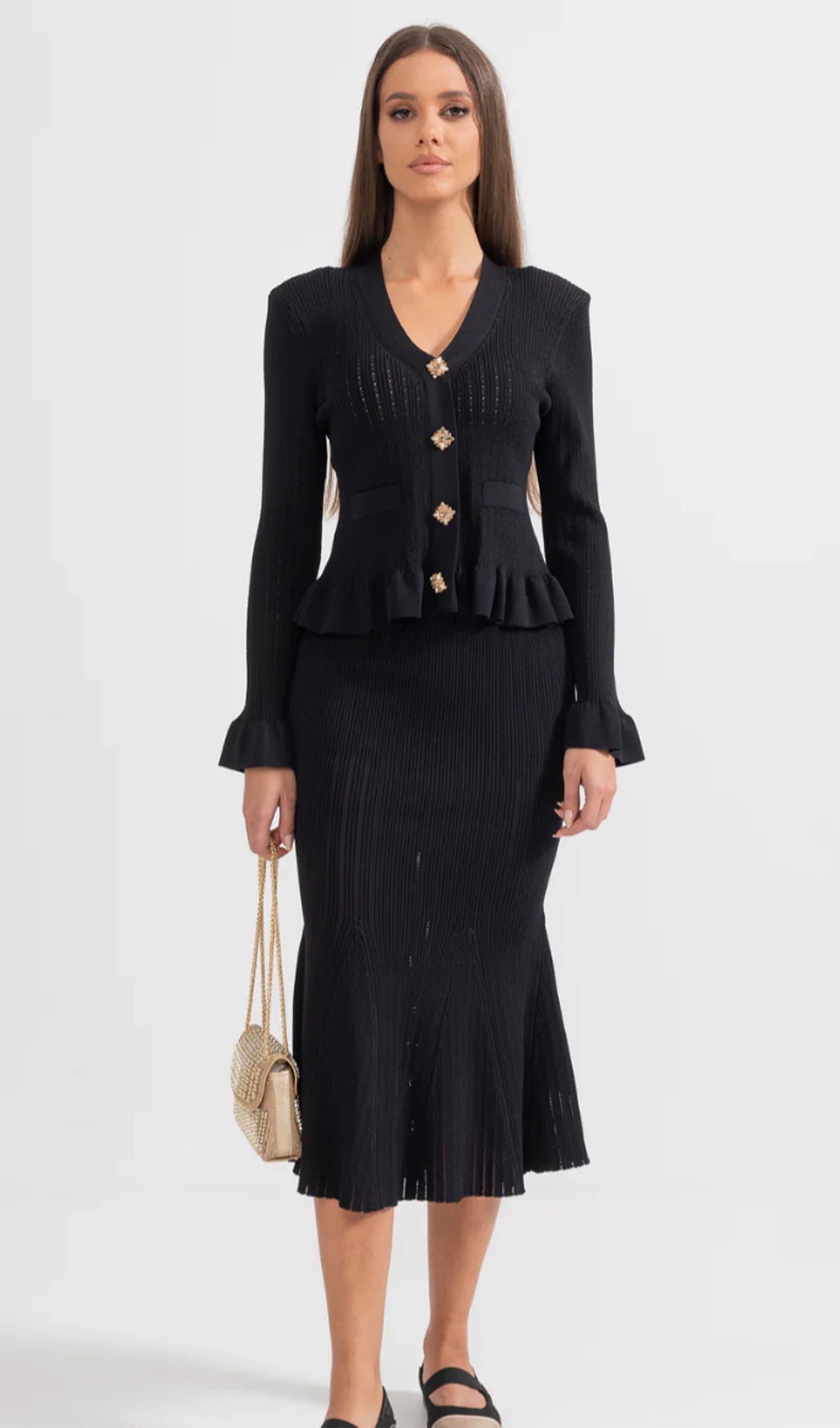 Fırfırlı Kloş Örgü Midi Elbise