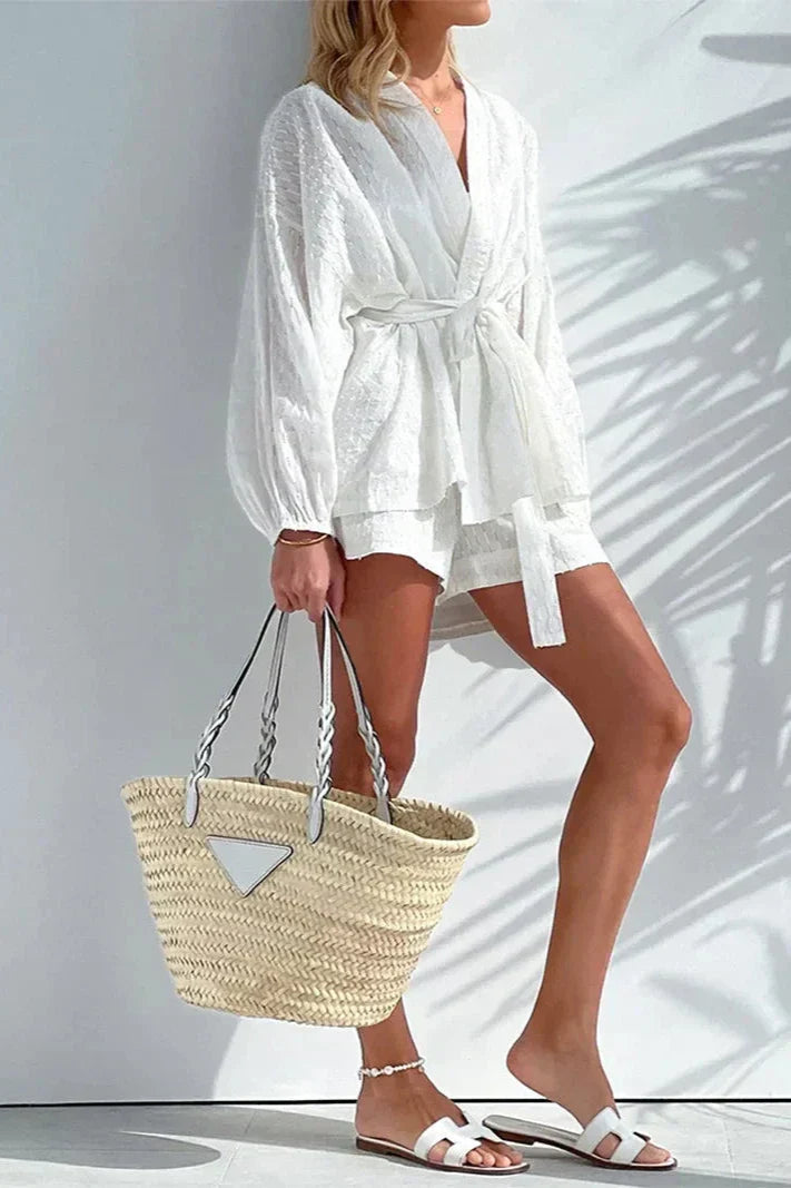 Beyaz Jakarlı Bel Detaylı İkili Takım