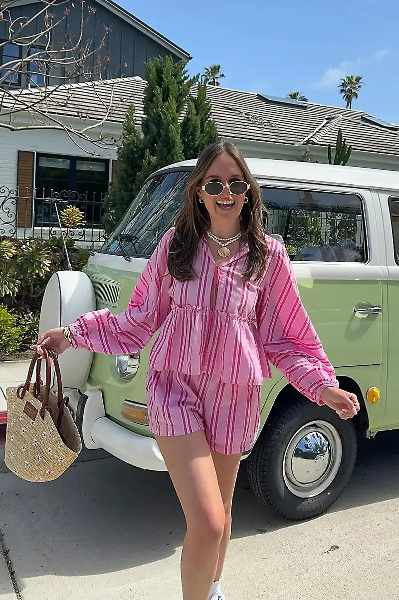 Fener Kollu Çizgili Gömlek Şort Takımı