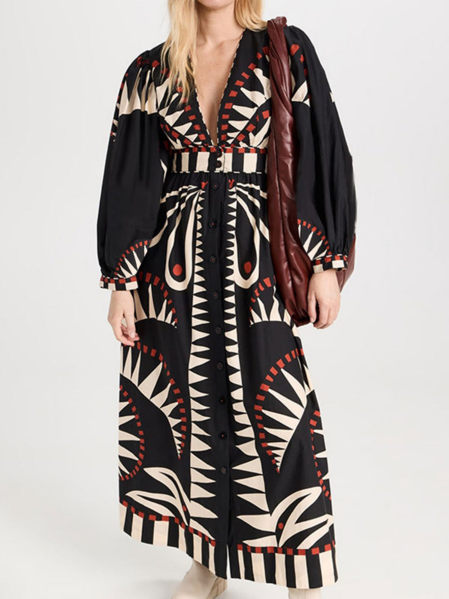 Derin V Yaka Baskılı Fener Kollu Midi Elbise