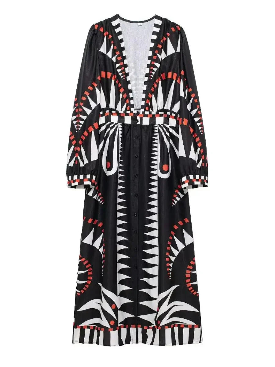 Derin V Yaka Baskılı Fener Kollu Midi Elbise