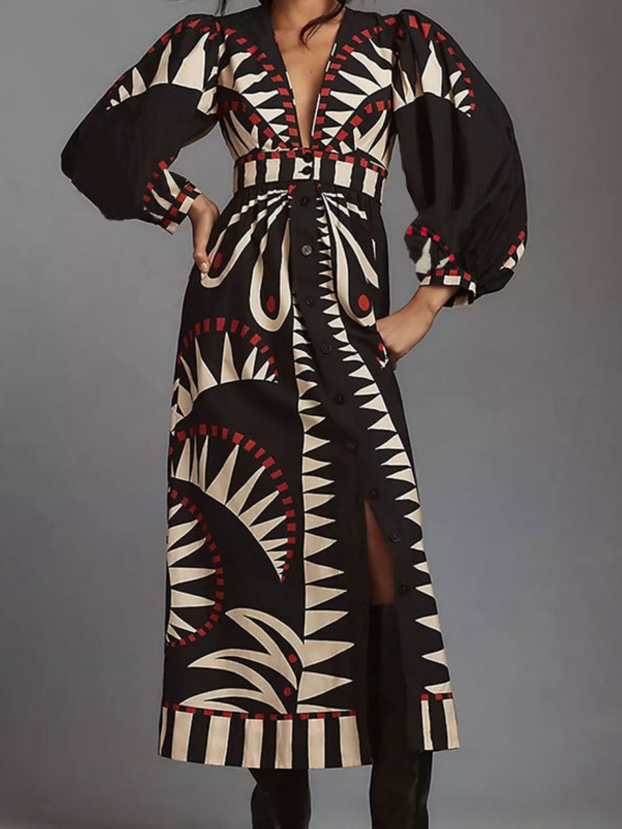 Derin V Yaka Baskılı Fener Kollu Midi Elbise