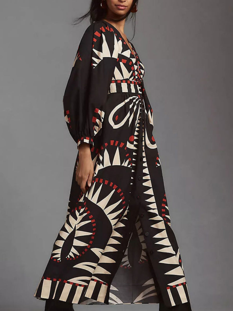 Derin V Yaka Baskılı Fener Kollu Midi Elbise