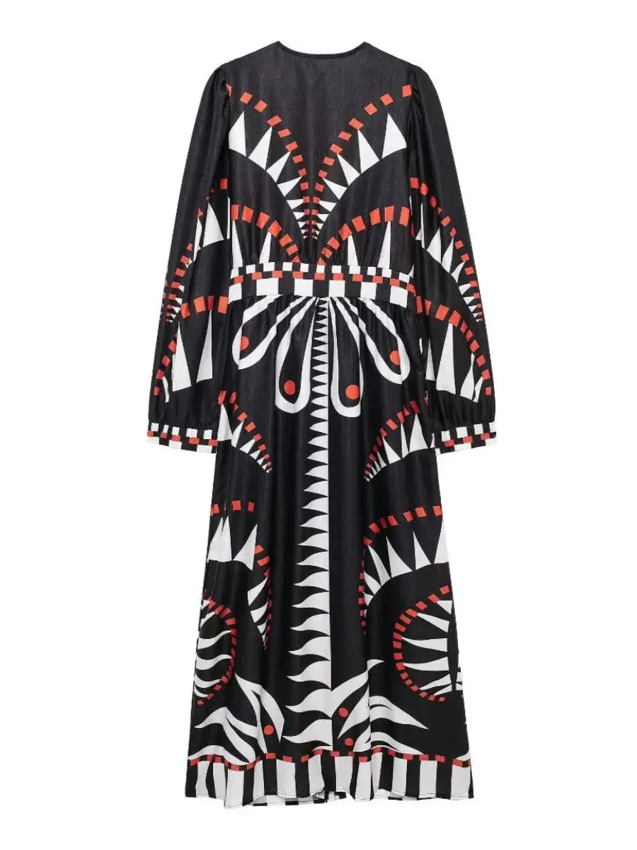 Derin V Yaka Baskılı Fener Kollu Midi Elbise