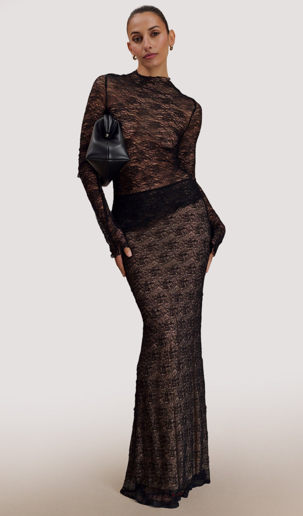 Siyah Şeffaf Dantel Üst Ve Uzun Etek Takımları