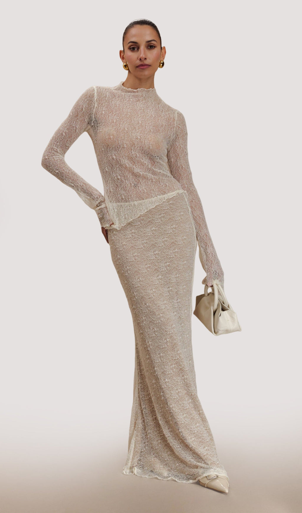 Fildişi Rengi Şeffaf Dantel Üst Ve Uzun Etek Takımları