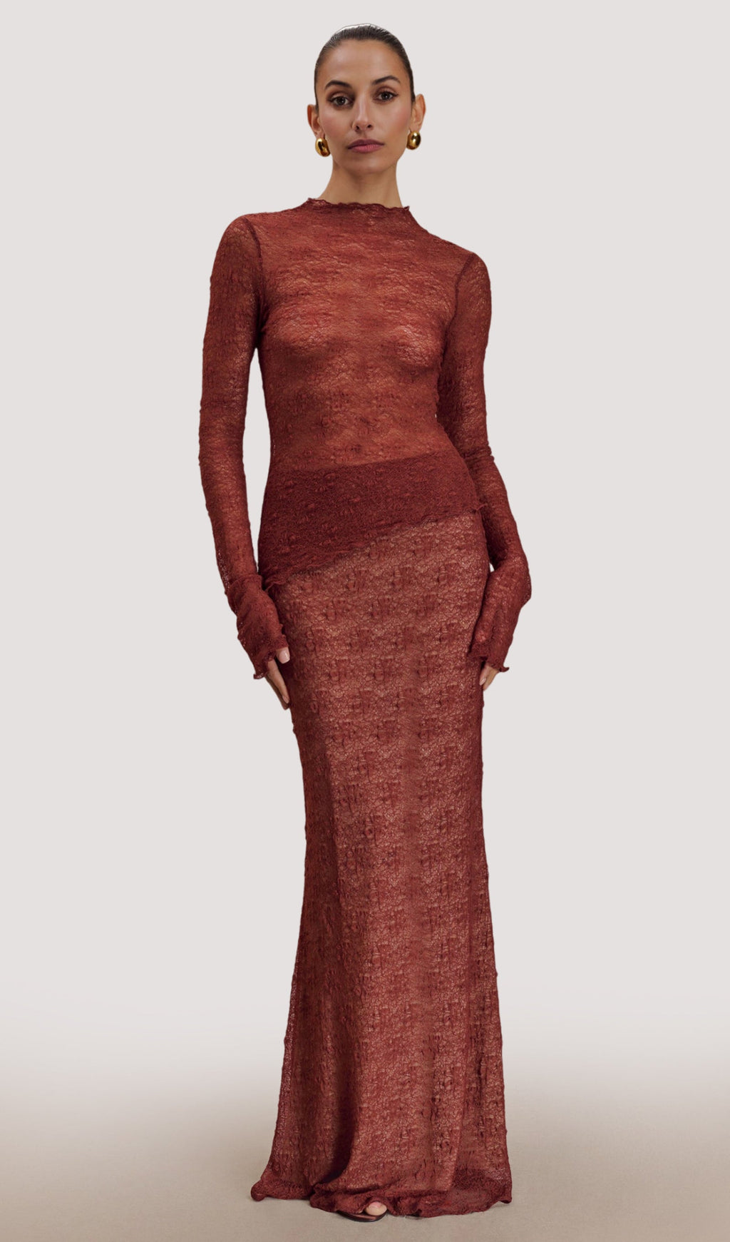 Kırmızı Şeffaf Dantel Üst Ve Uzun Etek Takımları