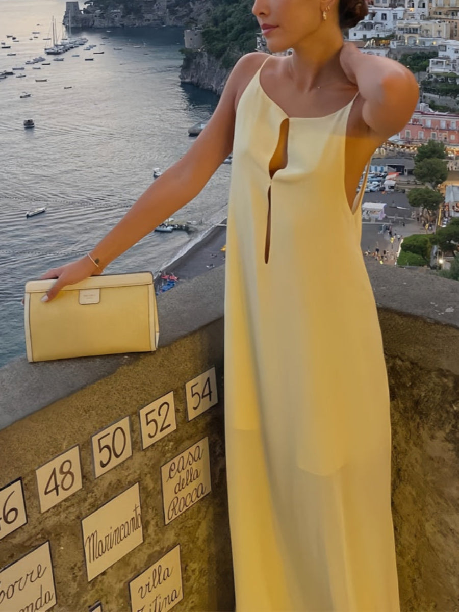 Seksi İnce Askılı Açık Sırtlı Uzun Elbise