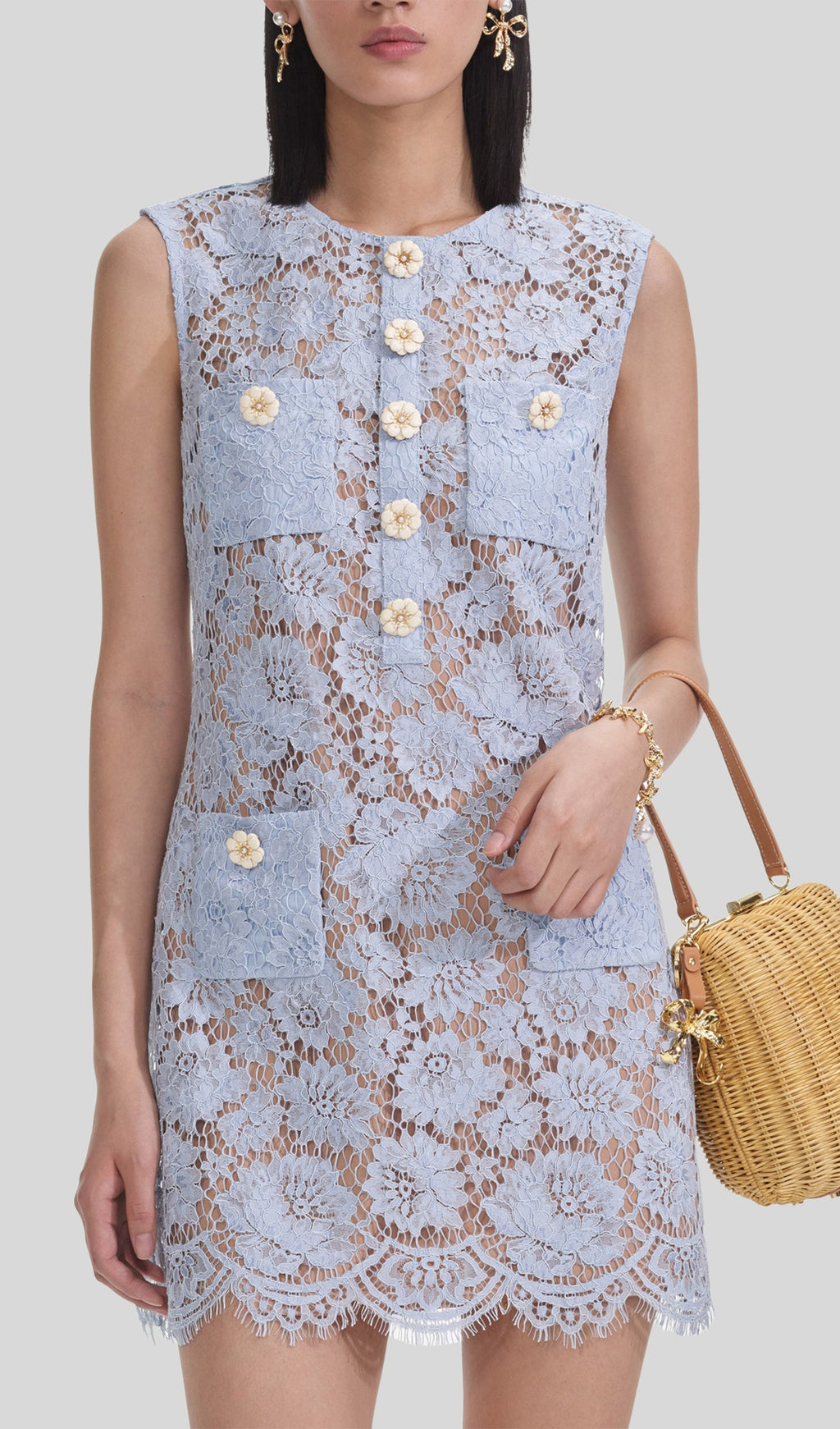 Kolsuz Süslemeli Dantel Mini Elbise