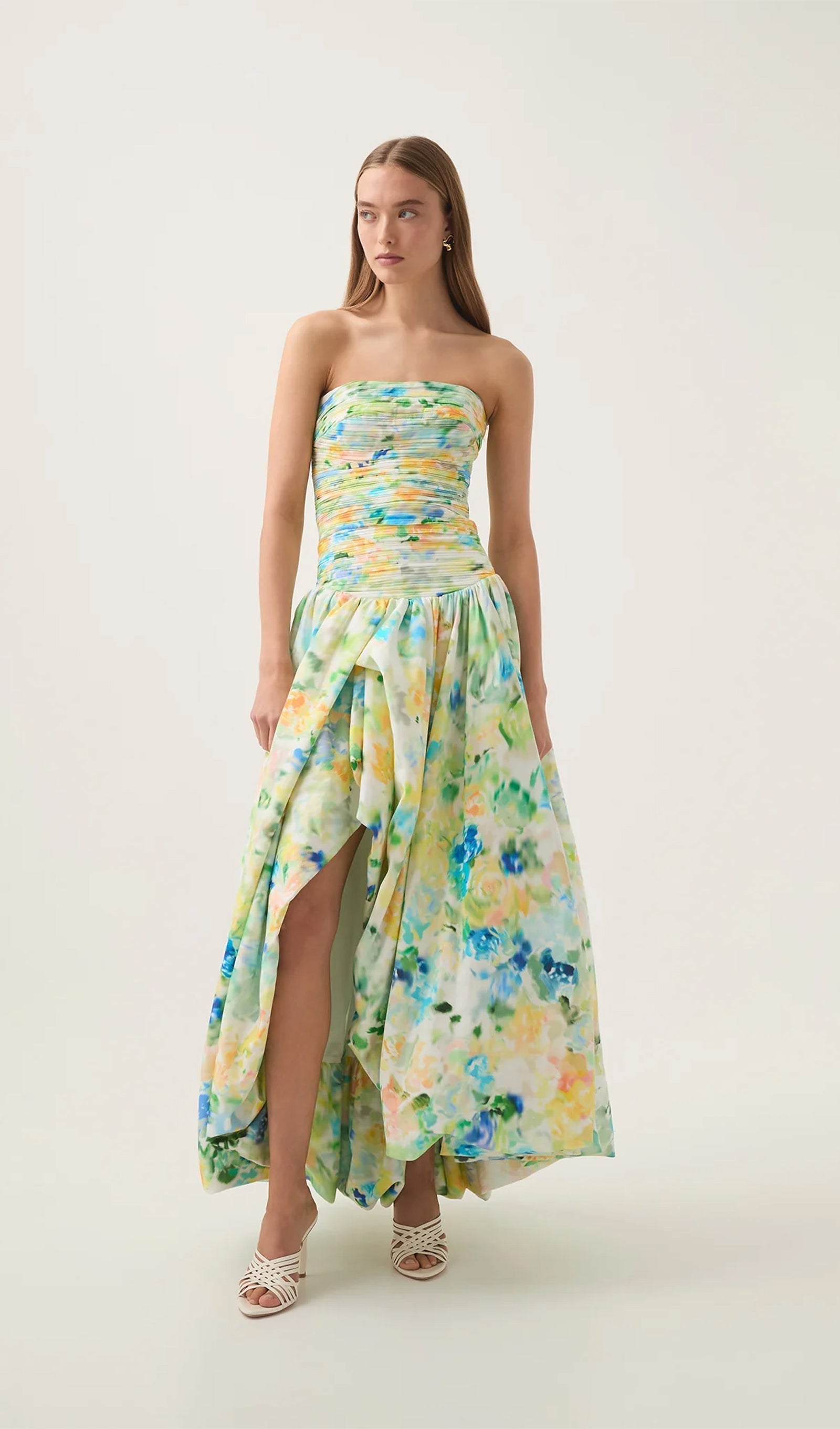 Kolsuz Büzgülü Drapeli Yırtıklı Uzun Elbise