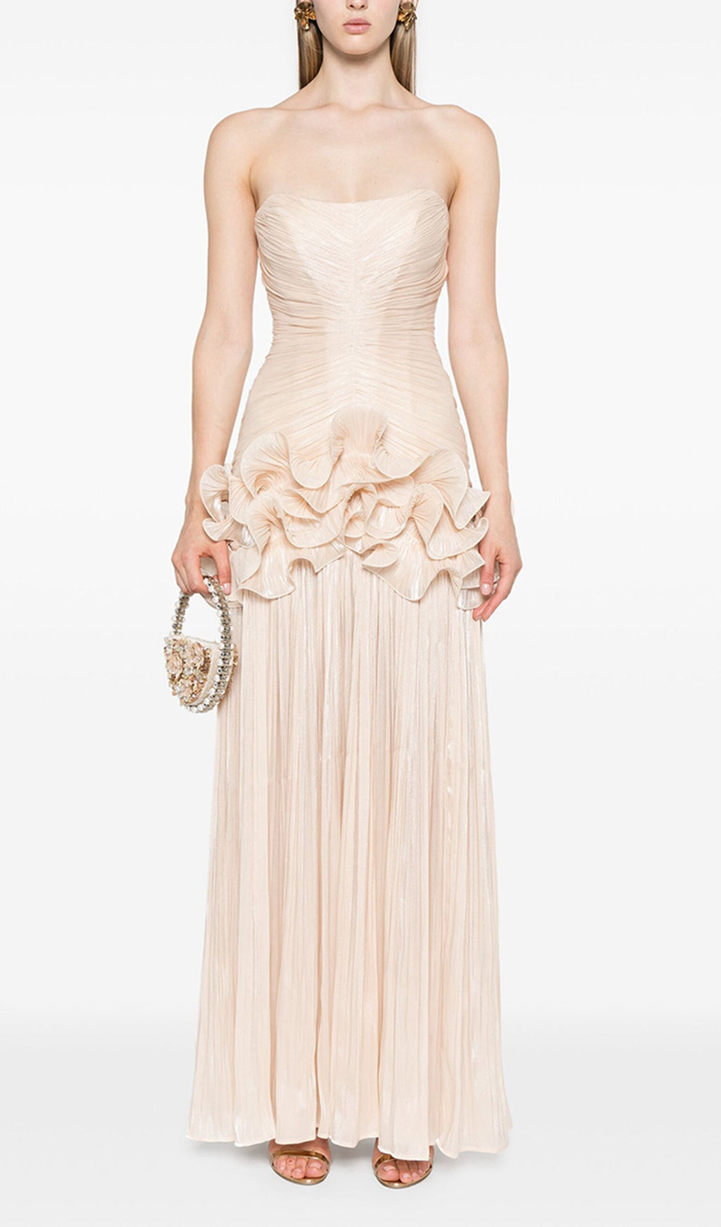 İnce Askısız Volanlı Uzun Elbise