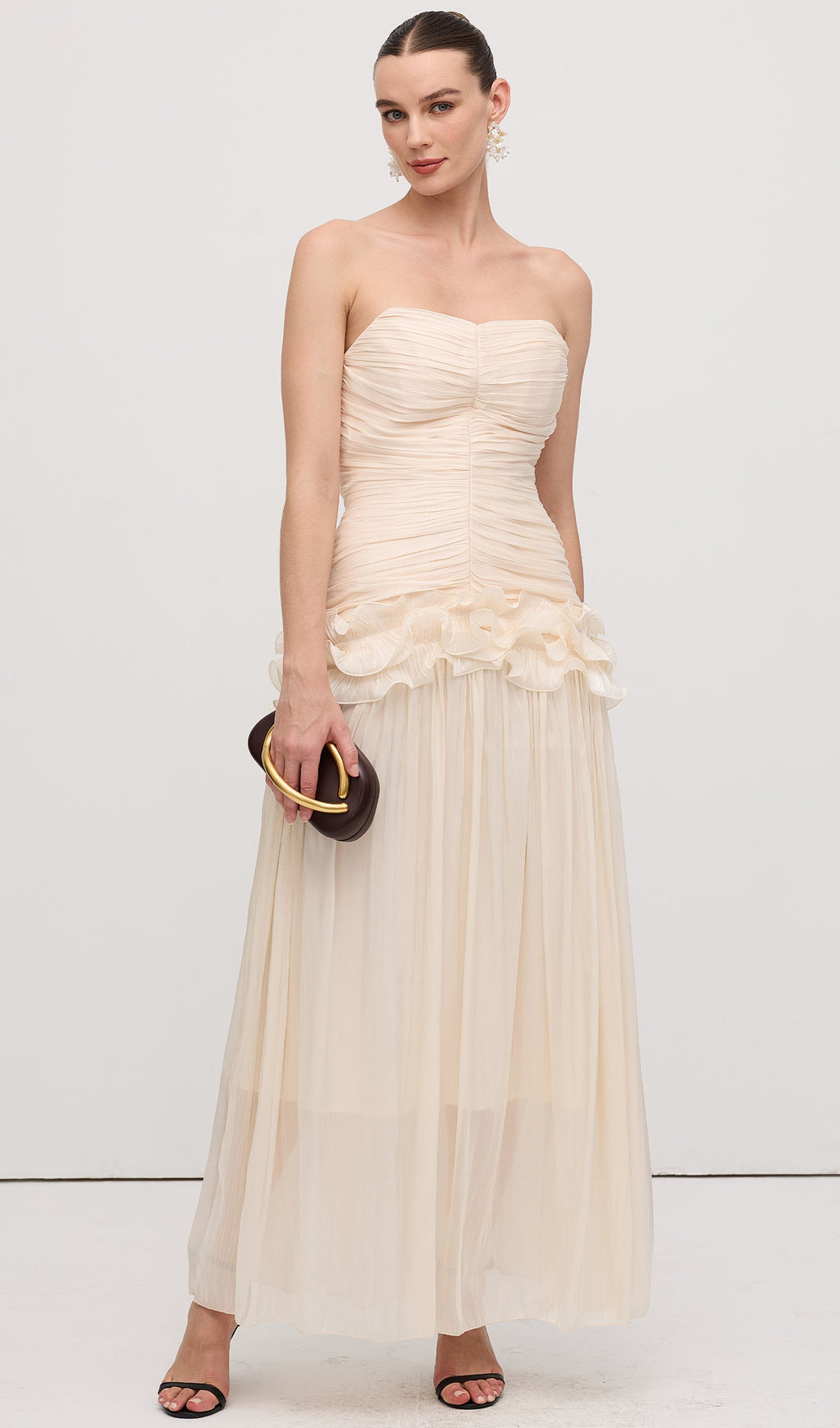İnce Askısız Volanlı Uzun Elbise