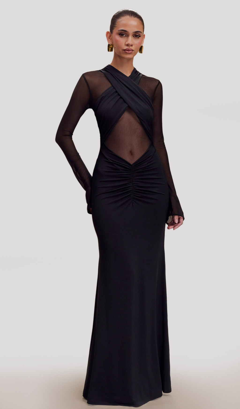 Siyah Slinky Ve File Uzun Kollu Maksi Elbise