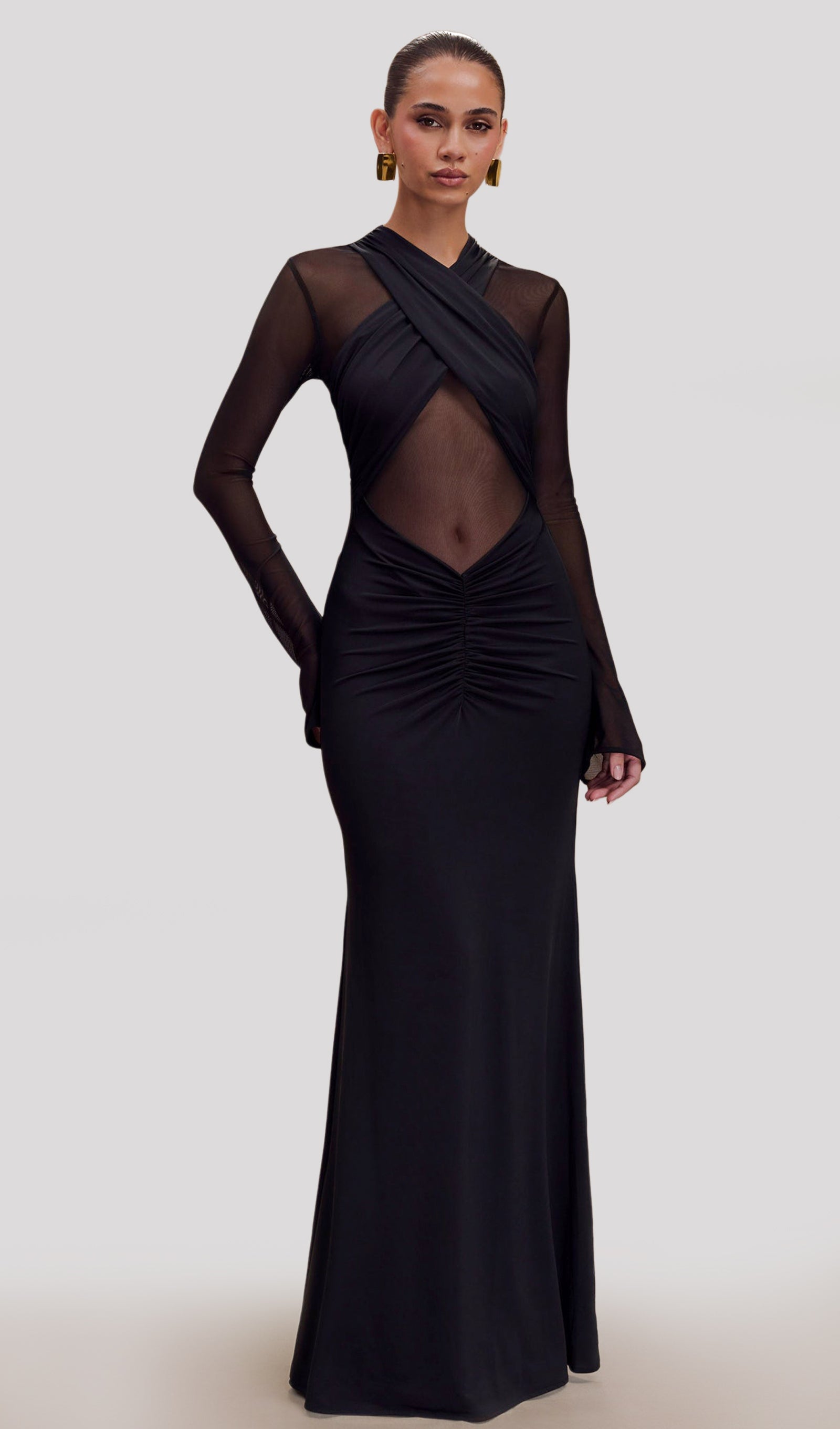 Siyah Slinky Ve File Uzun Kollu Maksi Elbise